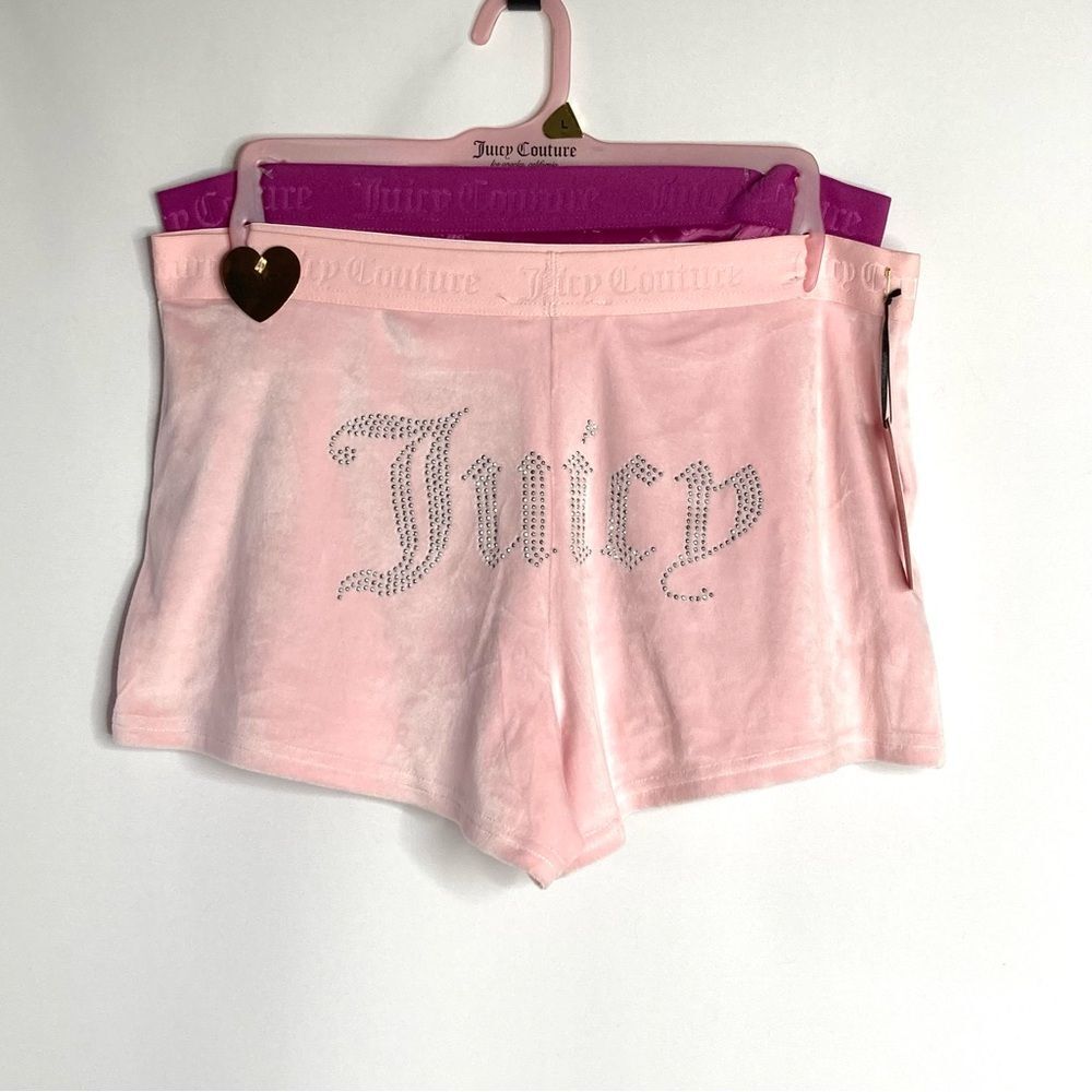 NWT 2 Pair Juicy Couture Velour Lounge Pajama Shorts Size Large Pink Rhinestone